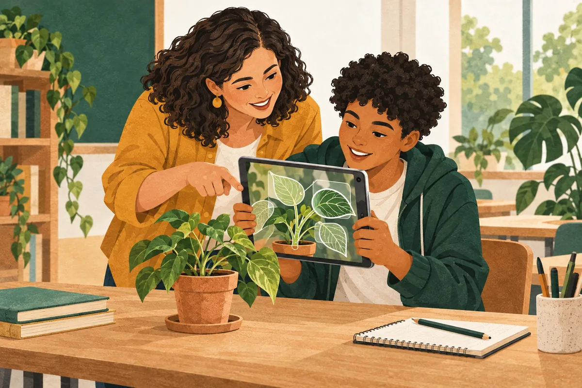 Ilustração de uma professora e um estudante observando uma planta por meio de um tablet.