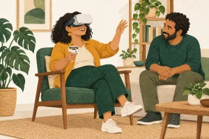 Ilustração de uma mulher sentada usando um visor de realidade virtual, com outra pessoa por perto.