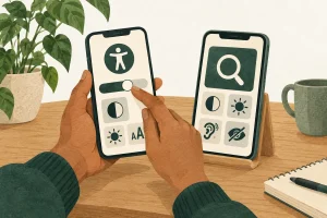 Ilustração de dois celulares com símbolos de acessibilidade, ampliação e ajustes de contraste.