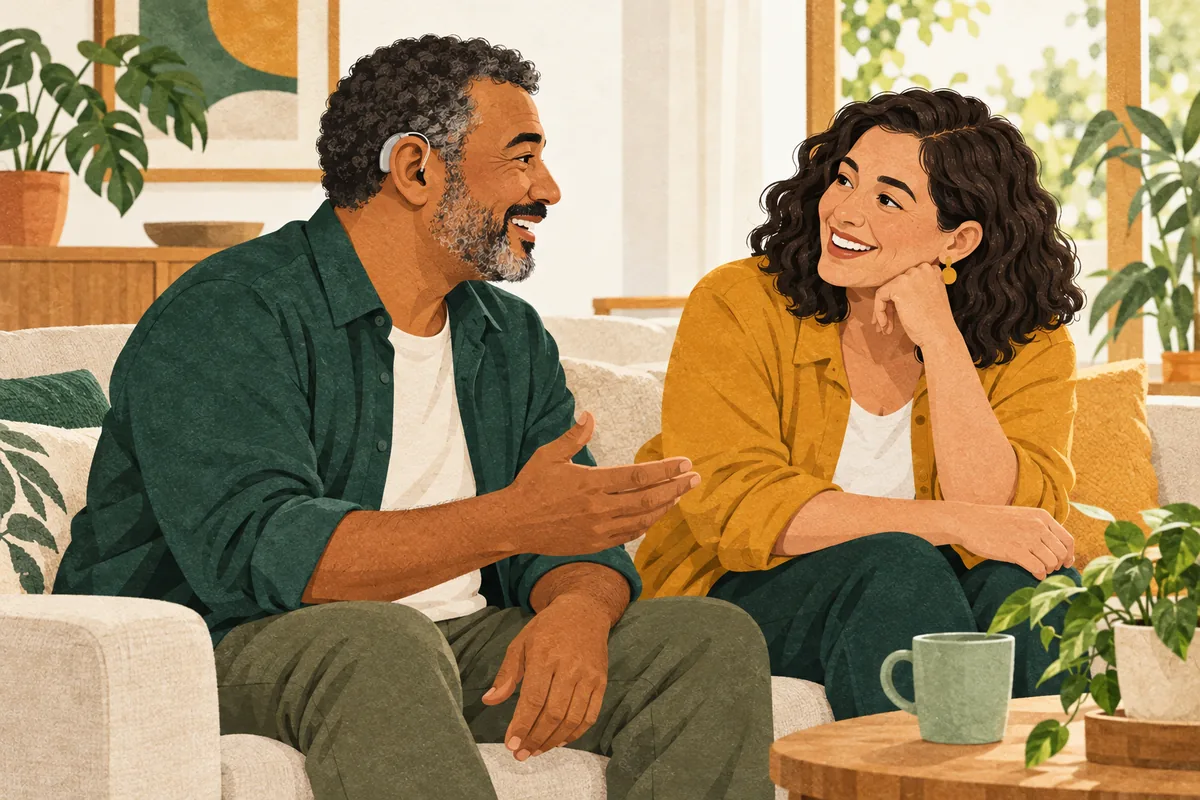Ilustração de um homem com aparelho auditivo atrás da orelha conversando com uma mulher.