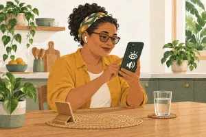 Ilustração de uma mulher usando um celular e um fone de ouvido à mesa da cozinha.