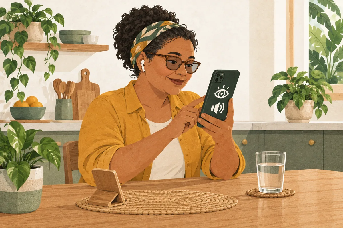 Ilustração de uma mulher usando um celular e um fone de ouvido à mesa da cozinha.