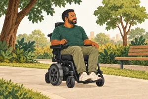 Ilustração de um homem usando uma cadeira de rodas motorizada em um caminho de parque.