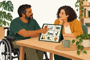 Ilustração de um homem apontando um símbolo em uma prancha de comunicação durante uma conversa.