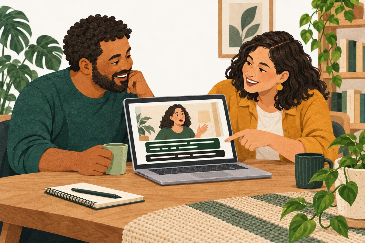 Ilustração de duas pessoas assistindo a um vídeo com linhas de legendas em um computador.
