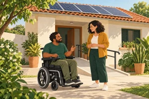 Ilustração de uma casa com painéis solares e de duas pessoas conversando junto à entrada acessível.