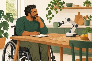 Ilustração de um homem em cadeira de rodas observando um braço robótico de mesa com uma caneca.