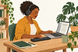 Ilustração de uma mulher usando um computador, uma linha braille e um fone de ouvido.