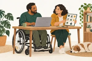 Ilustração de um homem em cadeira de rodas usando um computador e de uma mulher com uma prancha de comunicação.