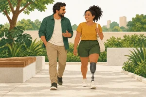 Ilustração de uma mulher com uma prótese de perna caminhando ao lado de outra pessoa.