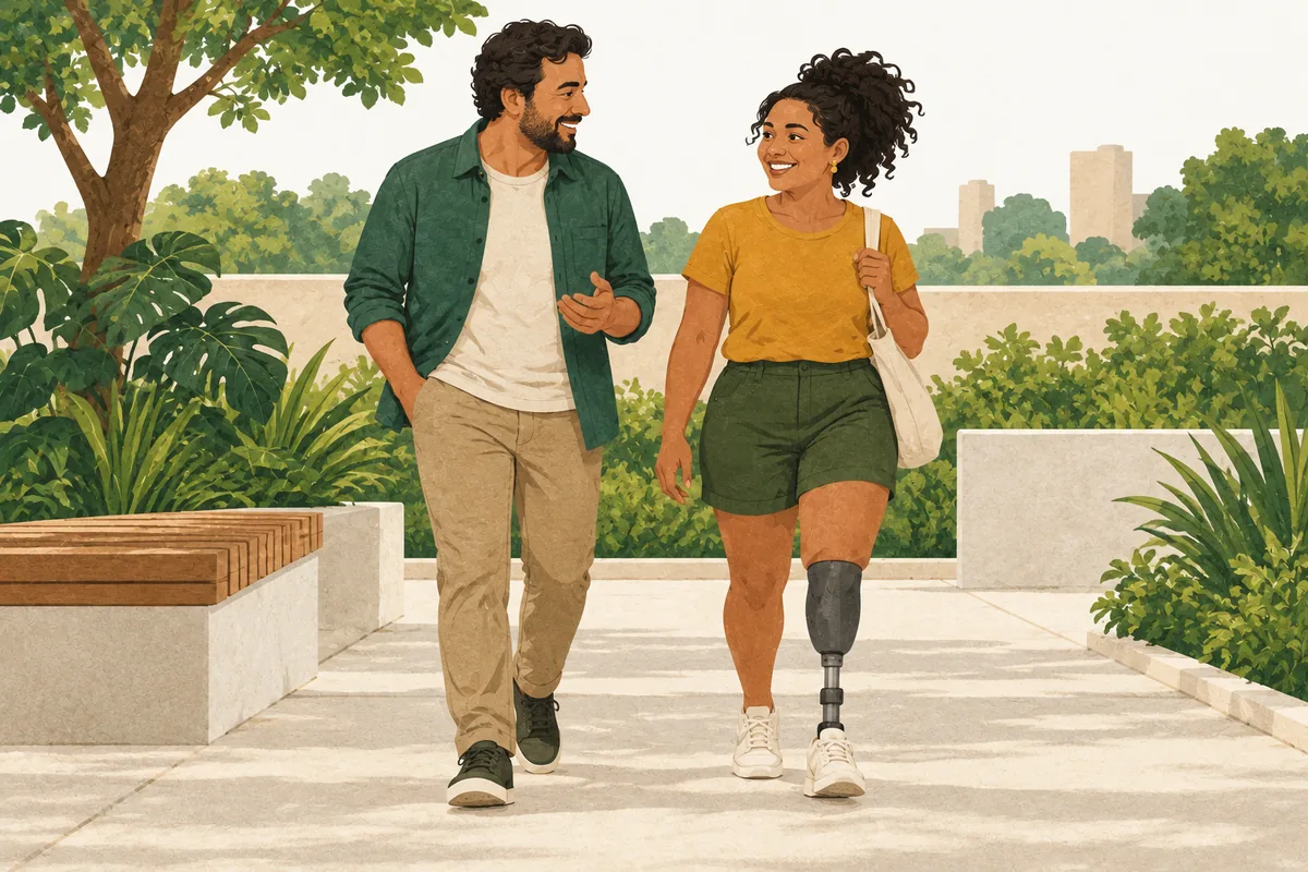Ilustração de uma mulher com uma prótese de perna caminhando ao lado de outra pessoa.