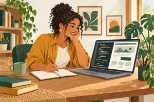 Ilustração de uma mulher estudando em um computador com representações de código e de uma página web.