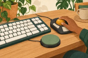 Ilustração de um teclado com teclas grandes, um mouse trackball e um acionador sobre uma mesa.