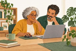 Ilustração de uma mulher idosa testando um mouse trackball com um familiar ao lado.