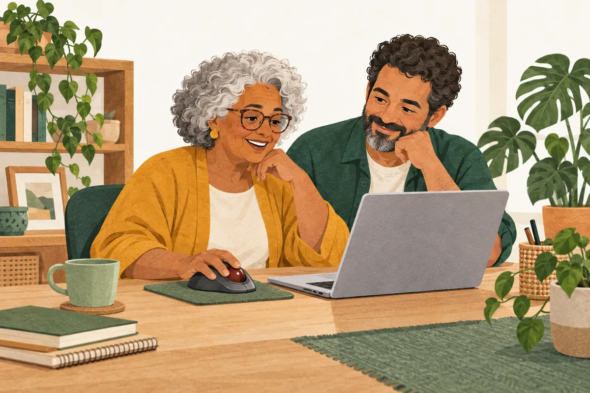 Ilustração de uma mulher idosa testando um mouse trackball com um familiar ao lado.