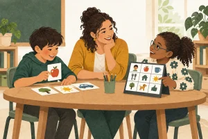 Ilustração de uma professora e dois estudantes trabalhando com cartões e uma prancha de comunicação.