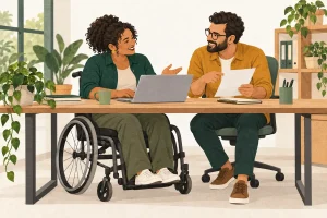 Ilustração de uma profissional em cadeira de rodas trabalhando com um colega em uma mesa de escritório.