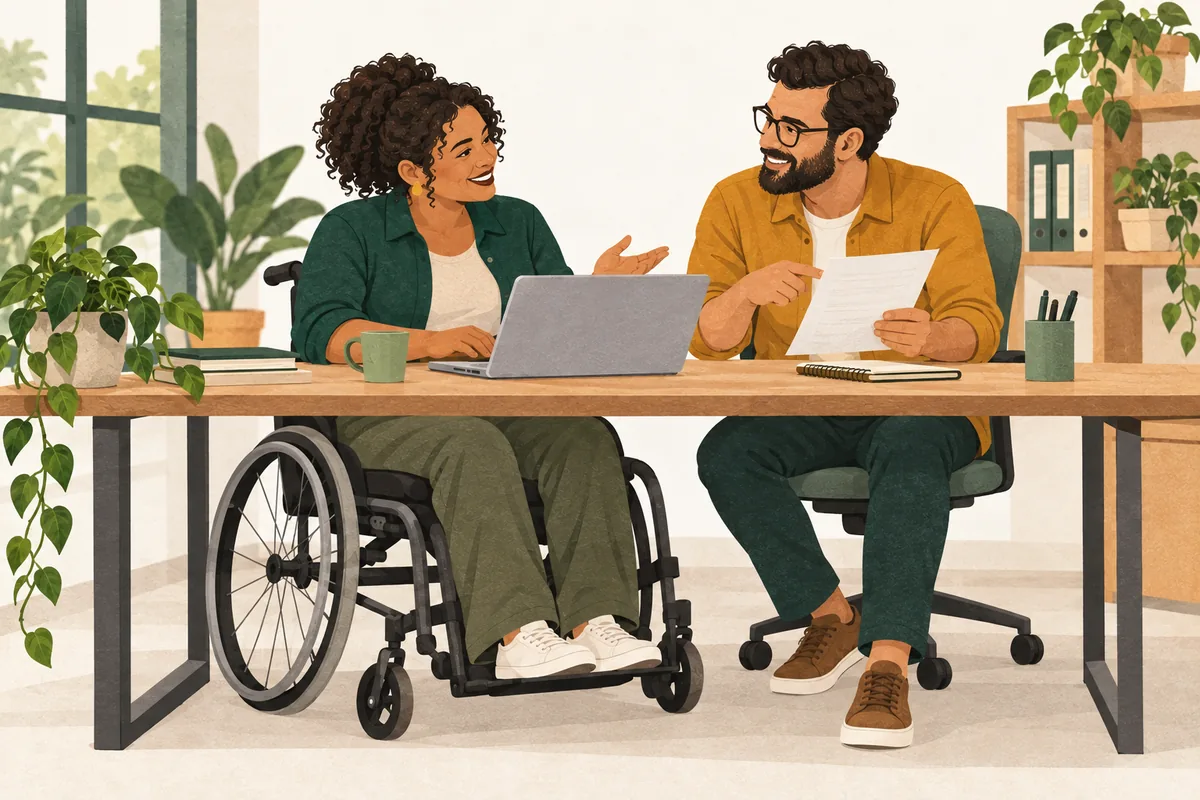 Ilustração de uma profissional em cadeira de rodas trabalhando com um colega em uma mesa de escritório.