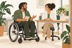 Ilustração de um homem em cadeira de rodas conversando com uma profissional de saúde.