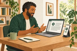 Ilustração de um homem falando diante de um computador e de um celular com símbolos de microfone.