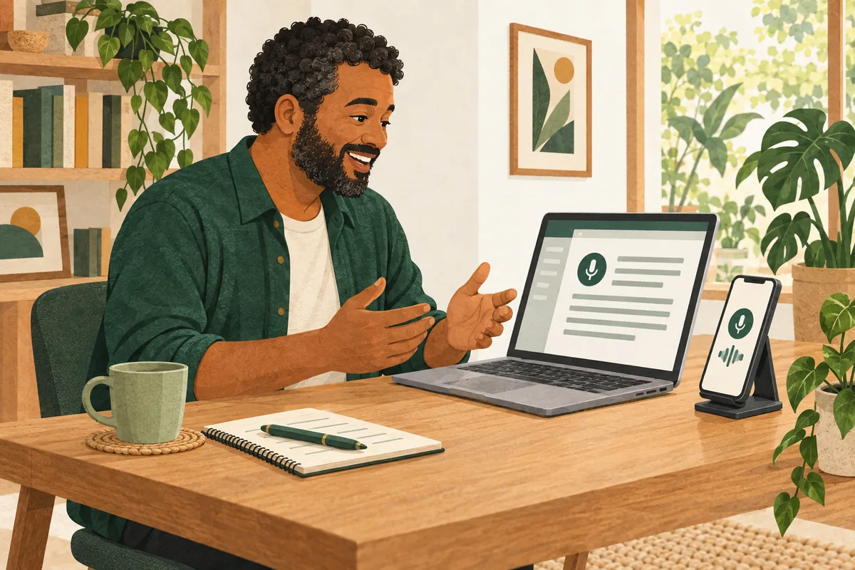 Ilustração de um homem falando diante de um computador e de um celular com símbolos de microfone.