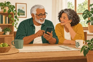 Ilustração de um homem idoso usando um celular ao lado de uma mulher idosa.